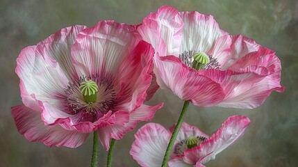   Close-up of three pink flowers with green center on gray background