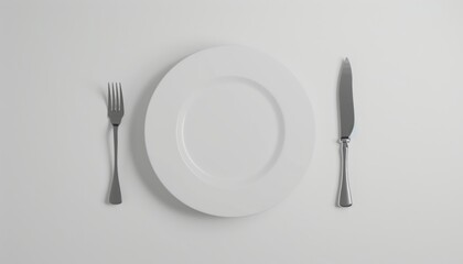 An empy white plate with a fork and a knife next to it, white background