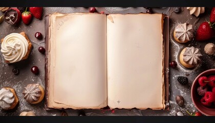 Pastry style border design with an open recipe book placed in the center with blank pages to place text. Natural, fresh and baked desserts with copy space and light background