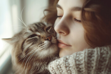 Girl hugs a fluffy cat, which she loves very much, close-up