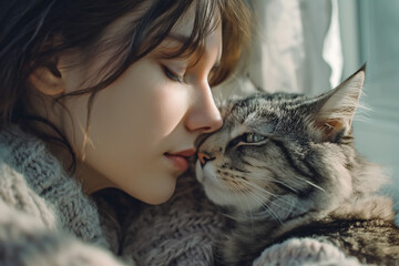 Girl hugging her tabby cat, close-up