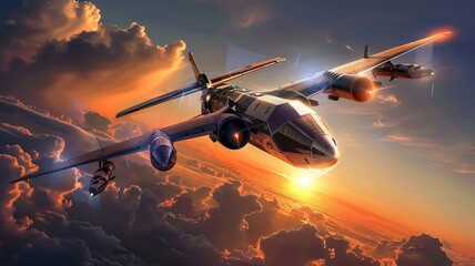 A sunset setting behind a powerful bomber in flight    , Futuristic , Cyberpunk