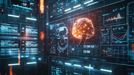 Obraz premium Image of a futuristic server room with a glowing brain interface showing advanced technology and analytics