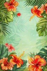 Tropical Background With Flowers and Leaves
