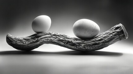  A black-and-white image of three eggs on driftwood and two eggs on driftwood