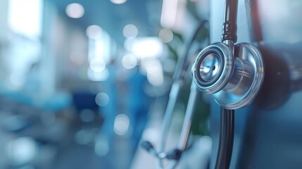 A close-up image of a stethoscope hanging in a blurred hospital background, emphasizing the essential tools of medical practice. - Powered by Adobe
