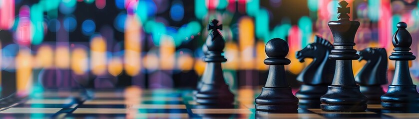  The chessboard becomes a market battleground, set against a backdrop of stock graphs, each move a financial gambit