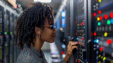 Female afro american IT worker in a data center room working to fix or improve the systems