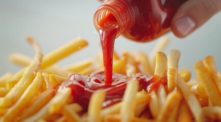 Close up of a bottle of ketchup pouring over a plate of french fries