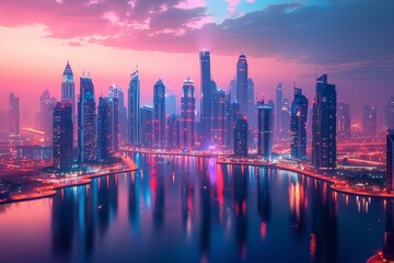 A mesmerizing view of Dubai's skyline bathed in neon lights with a vivid twilight backdrop reflecting over the water.