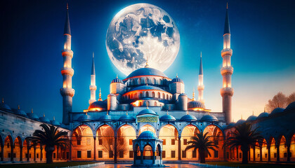 Blue Mosque and full moon - Powered by Adobe