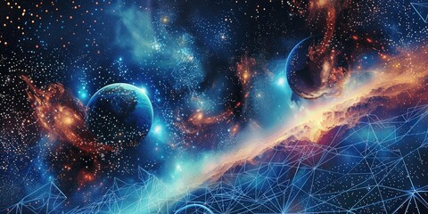 a surreal landscape where celestial bodies dance amidst a backdrop of intricate dots and interconnected lines, evoking a cosmic journey through time and space