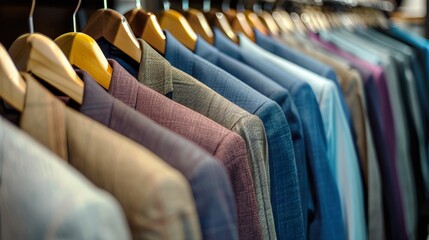 Fototapeta premium Men's shirts on hangers in the store. Shallow depth of field
