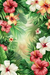 Flowers and Leaves on a Green Background