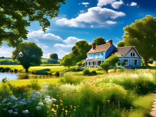 colorful countryside houses nestled in a spring or summer scenery with blooming flowers