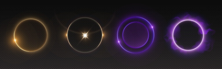 Circle halo light with overlay effect on transparent background. Realistic 3d vector illustration set of yellow and purple neon glow ring with sparkle, flare and smoke cloud. Circular magic frame.