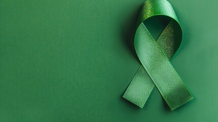 Green awareness ribbon placed on a matching green background