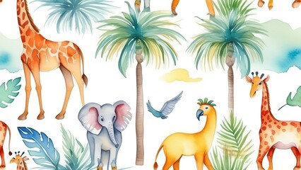 Seamless pattern with African animals on a white background. Children's seamless safari pattern with giraffe, elephant, parrots and green palm trees on a white background.