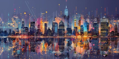 an ultra-realistic illustration of a city skyline formed entirely from interconnected dots and lines, capturing the energy and vibrancy of urban life realistic.