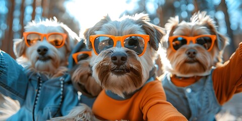 Dogs in sunglasses and clothes pose for a selfie a fun moment. Concept Dog Photoshoot, Canine Fashion, Dog Selfie, Stylish Pets, Pet Photography