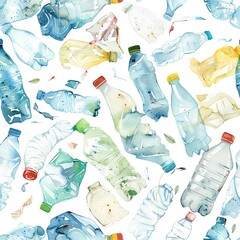 Watercolor illustration, Wallpaper with plastic bottles on white background, environmental pollution and recycling . AI generation