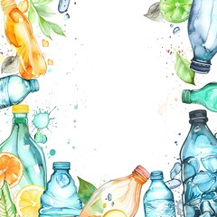 Watercolor illustration, wallpaper with plastic bottles on white background and free space for text , environmental pollution and recycling . AI generation