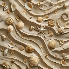 Sand and sea shells around , summer vacation wallpaper design, beach . Illlustation generated with AI	