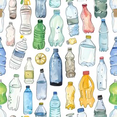 Wallpaper with plastic bottles on white background, environmental pollution and recycling . AI generation.Watercolor illustration