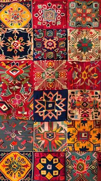 A colorful and intricate patchwork rug with various traditional patterns from different cultures. Carpet. Tapestry. Decoration. Ornament. Elements. Embroidery. Textile