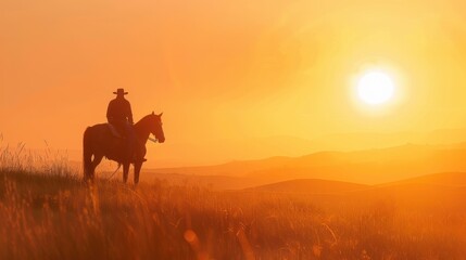 cowboy and his horse silhouetted against a golden sunrise, as they embark on a journey across a vast expanse of rolling hills. 