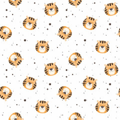 Seamless pattern with a cute tiger. Childish minimalistic pattern with stars