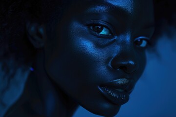 Close-up portrait of woman with blue lighting accentuating