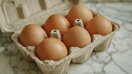   A dozen brown eggs in a carton on a white marble countertop with a marble background