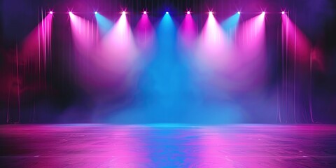 Stage illuminated with vibrant blue and pink lights, empty, read