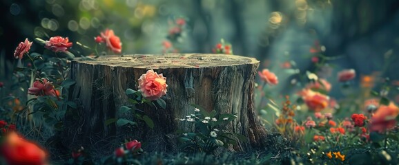 Experience The Charm Of An Empty Old Tree Stump Table Top Against The Backdrop Of A Blur Of Roses In The Garden, Background HD For Designer 