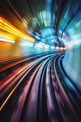 Dynamic motion blur effect on subway tunnel with vivid colors.