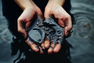 Caucasian oil hands are folded in a bowl of oil. Oil spill. Environmental pollution