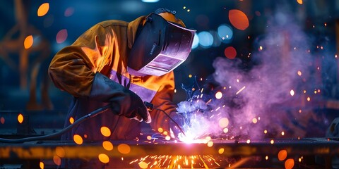Welder in the metallurgical industry. Concept Welding techniques, Safety protocols, Metallurgical applications, Welding equipment, Job outlook - obrazy, fototapety, plakaty