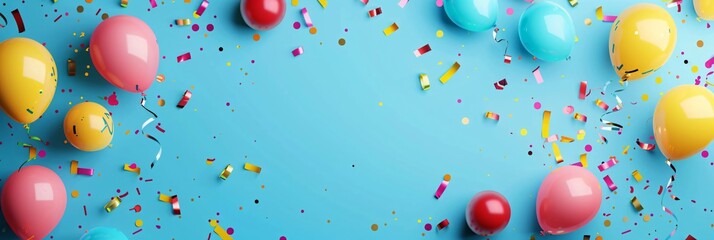Vibrant balloons and confetti on a blue backdrop create a festive scene