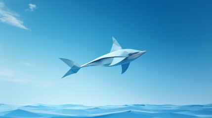 A paper cutout of a shark flying through the sky above the ocean