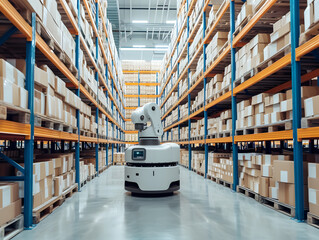 Smart factory and 5G for industry concepts. Automated robot transport or Automated guided vehicle systems(AGV) operating transfer box in automated warehouses, 3D rendering and illustration