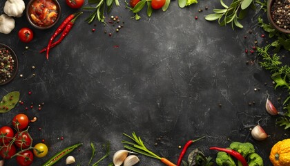 top view of a blank black kitchen desk with ingredients like as lemon, the middle is empty, space,...