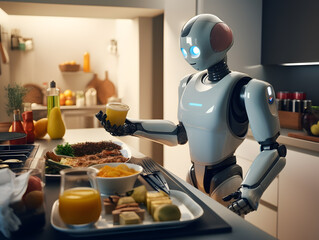 A humanoid Automatic robot waiter carries a tray of food and drinks in modern restaurant. 3D rendering and illustration