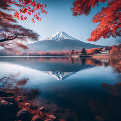 Fuji Mountain with red maple leaf at Kawaguchiko lake in Japan.