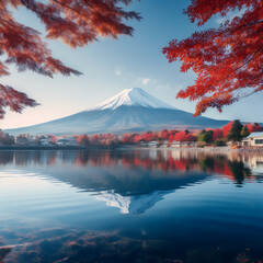 Fuji Mountain with red maple leaf at Kawaguchiko lake in Japan.