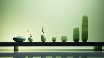 A row of green vases sit on a shelf
