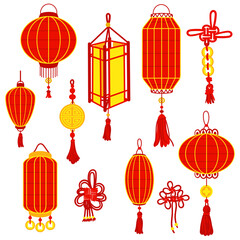 Set of Chinese red paper lanterns, threads, loops for good luck, cultural wealth and a festive atmosphere. Good luck. Festive themes, cultural presentations, decorative purposes. Moon Festival