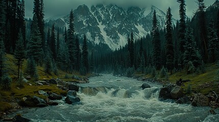   A river flows alongside tall pine trees in a snow-covered mountain forest
