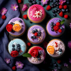 Cupcakes decorated with fresh berries and whipped cream on a dark blue background
