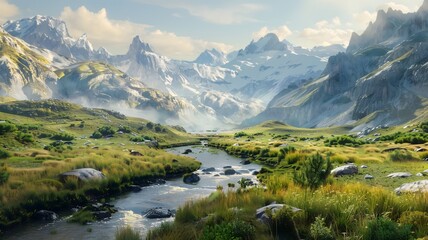  A peaceful mountain valley bathed in golden light, with a meandering river winding through verdant meadows and towering peaks. . 
